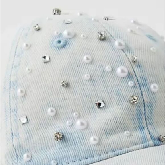 NWT UO beaded Pearl Denim Baseball Hat - Picture 2 of 3